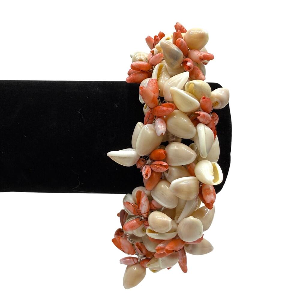 Artisan Natural Cowrie Shell & Coral Cluster Cuff Bracelet Beach Boho Style 6.5